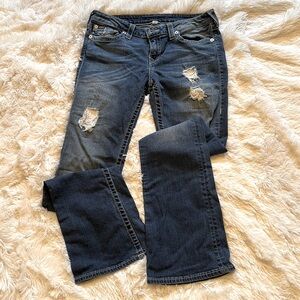 True Religion Boot Cut Jeans- Distressed Whiskered with Rhinestones Size 31